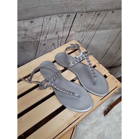 Stuart Weitzman Gray Rubber Silver Tone Studded Accent T Strap Women's Size 8 - Picture 2 of 6